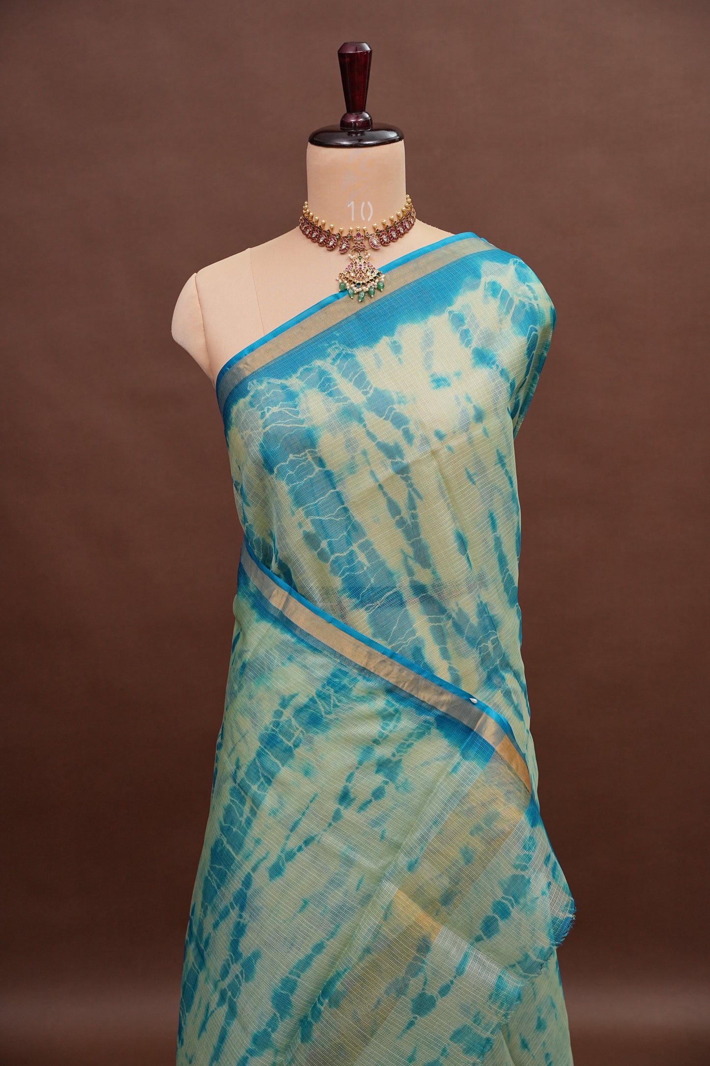 Silk Kota Shibori Tie & Dye Saree - Sage Green & Blue