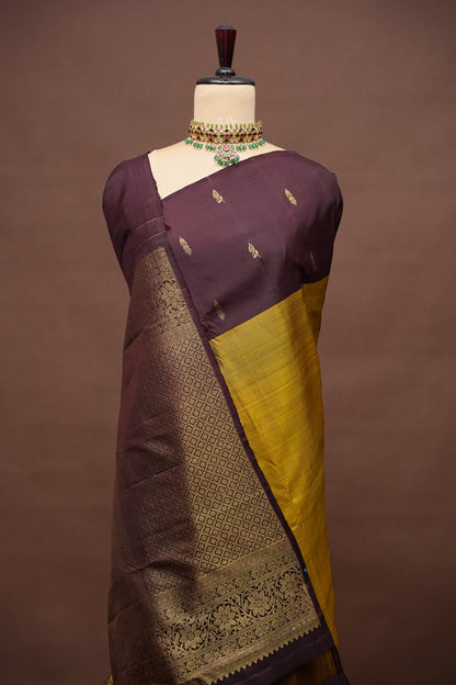 Olive Green & Coffee Border Pure Kanchipuram Silk Saree|Silk Mark Certified