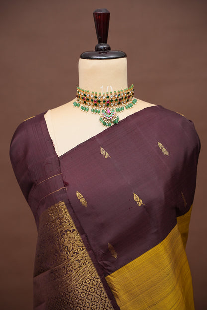 Olive Green & Coffee Border Pure Kanchipuram Silk Saree|Silk Mark Certified