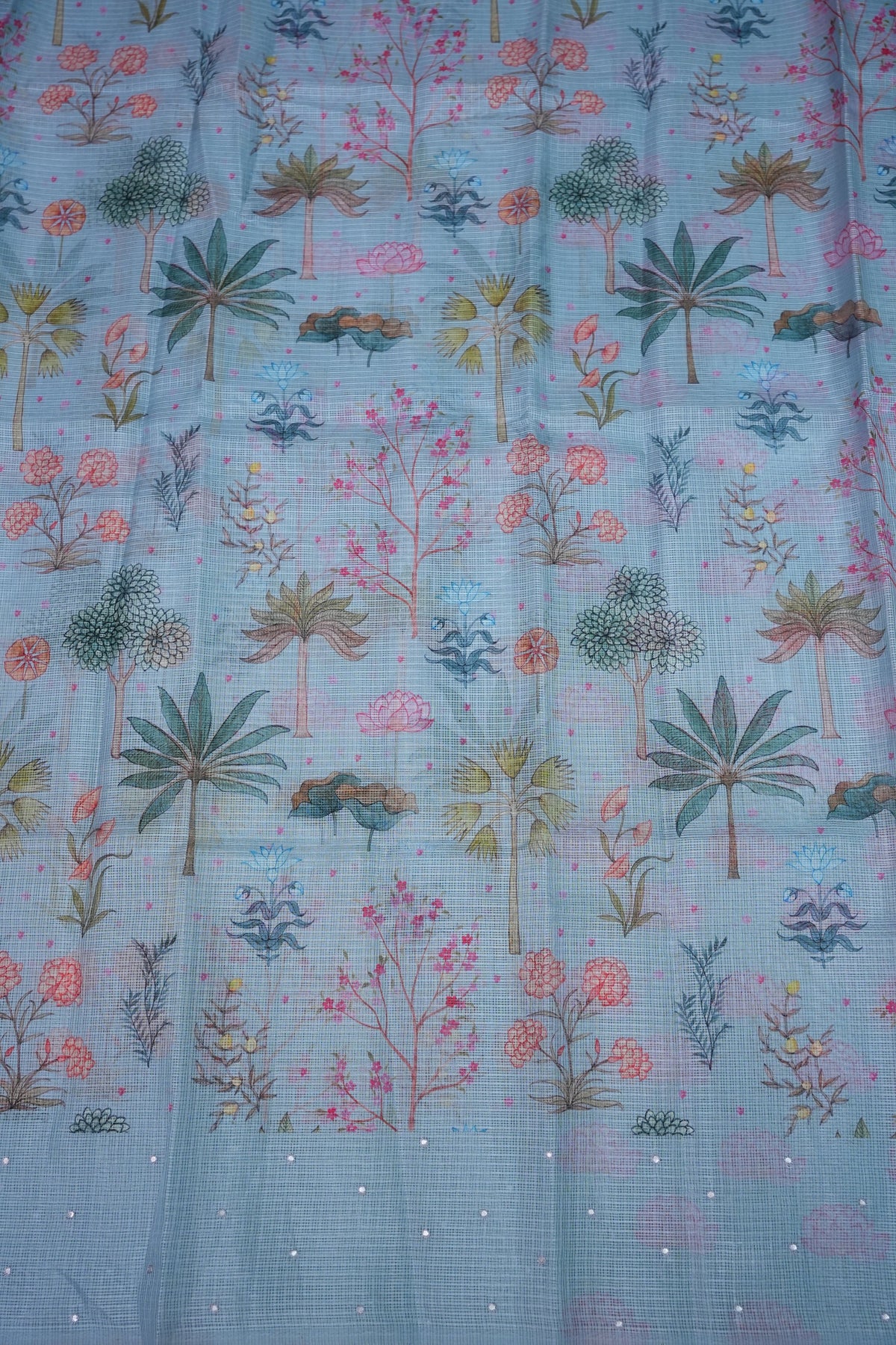 Kota Checks Saree with Botanical Digital Print – Ice Blue