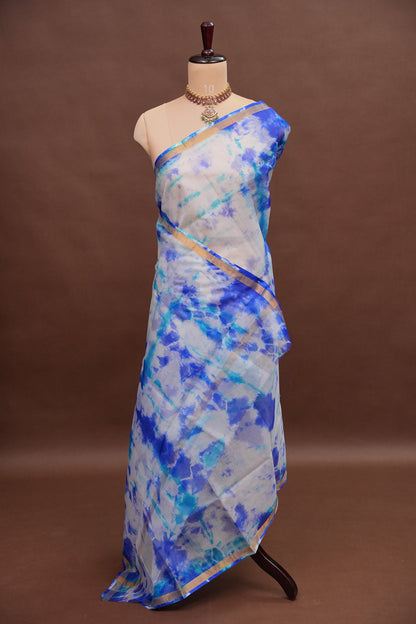 Silk Kota Shibori Tie & Dye Saree - White and Blue