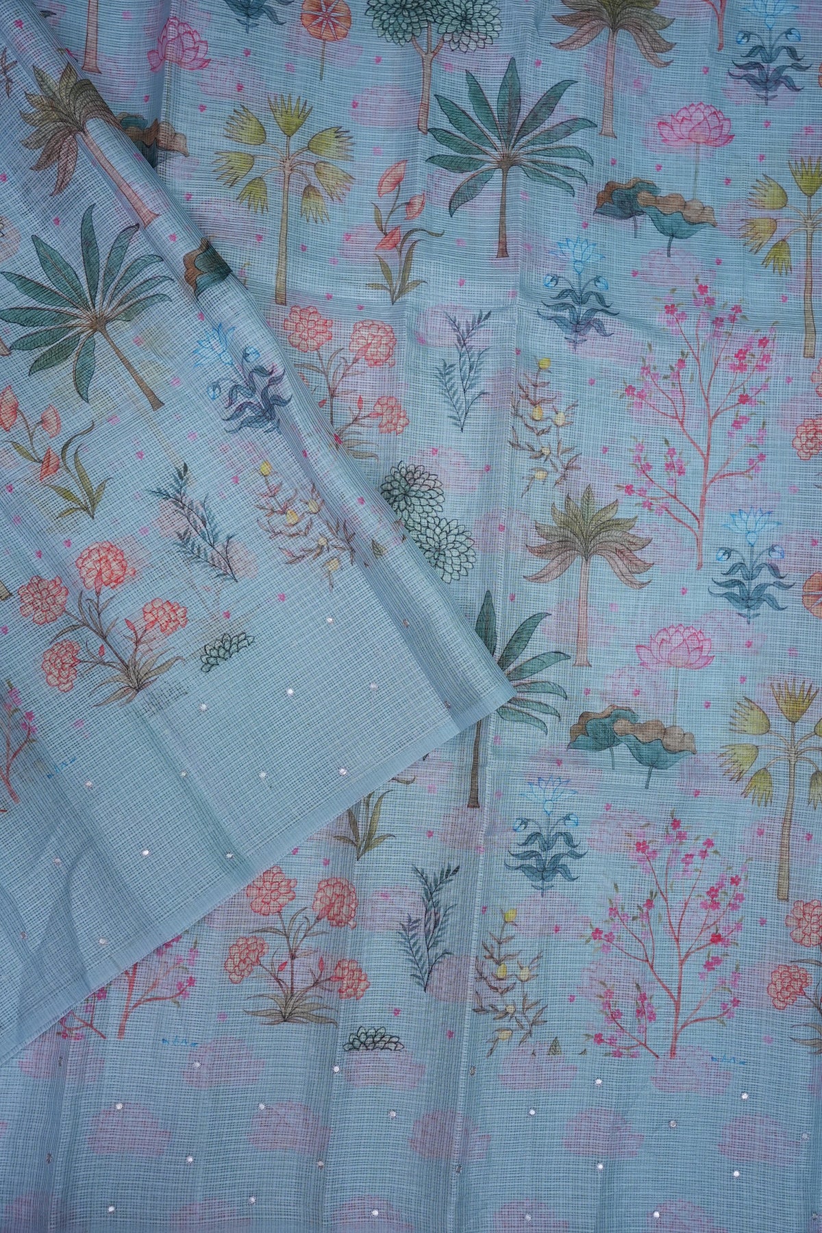Kota Checks Saree with Botanical Digital Print – Ice Blue