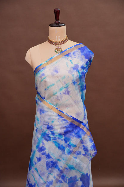 Silk Kota Shibori Tie & Dye Saree - White and Blue