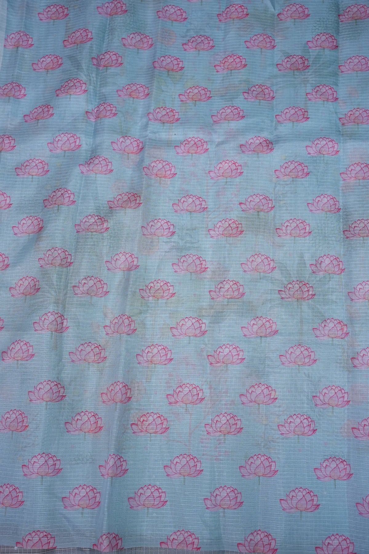 Kota Checks Saree with Botanical Digital Print – Ice Blue