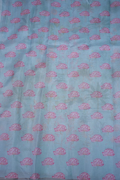 Kota Checks Saree with Botanical Digital Print – Ice Blue