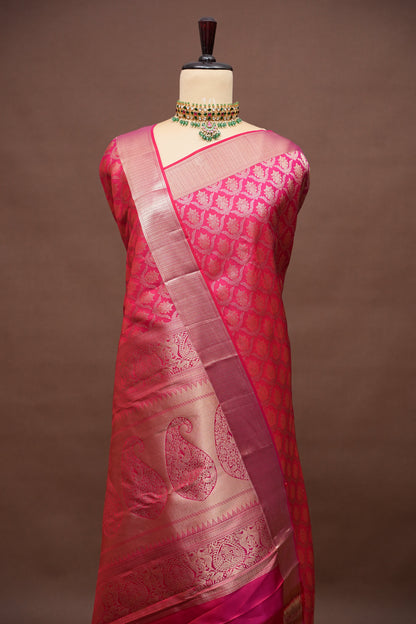 Pure Kanchipuram Brocade Silk Saree - Hot Pink & Soft Gold Zari| Silk Mark Certified