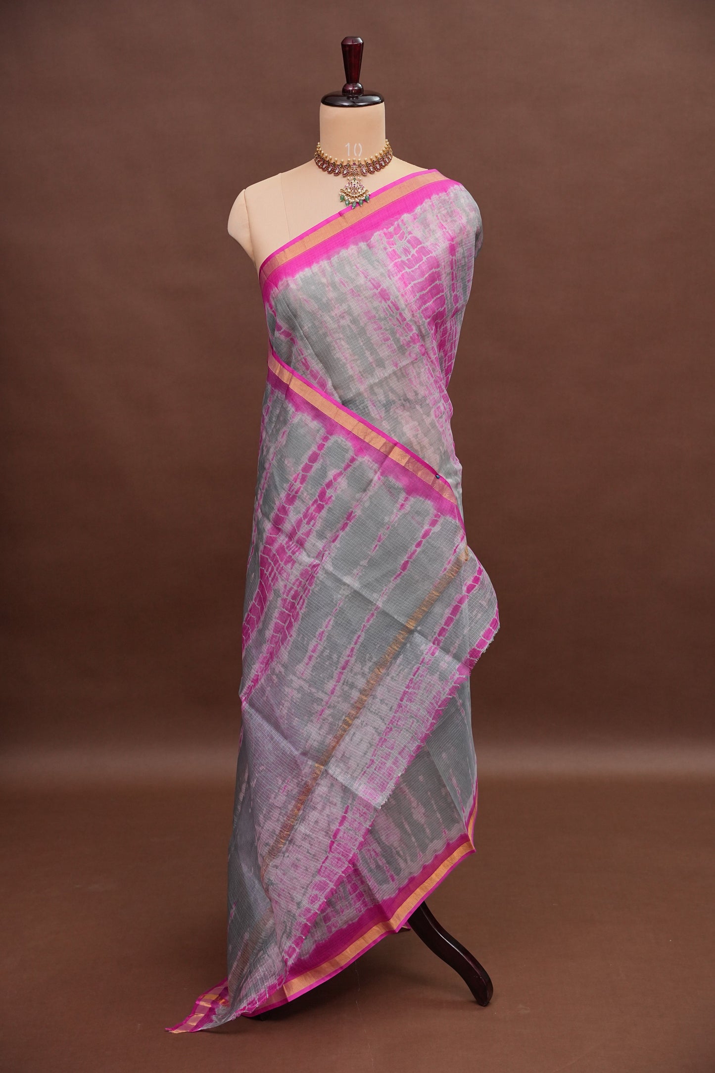 Silk Kota Shibori Tie & Dye Saree - Grey and Pink
