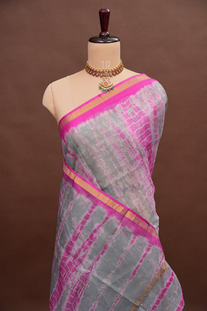 Silk Kota Shibori Tie & Dye Saree - Grey and Pink