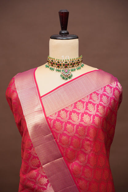 Pure Kanchipuram Brocade Silk Saree - Hot Pink & Soft Gold Zari| Silk Mark Certified