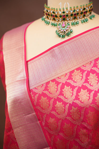 Pure Kanchipuram Brocade Silk Saree - Hot Pink & Soft Gold Zari| Silk Mark Certified