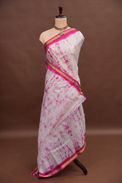 Silk Kota Shibori Tie & Dye Saree - Pink & White