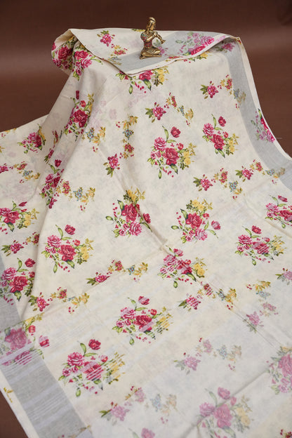 Digital Printed Pure Linen Saree - Beige