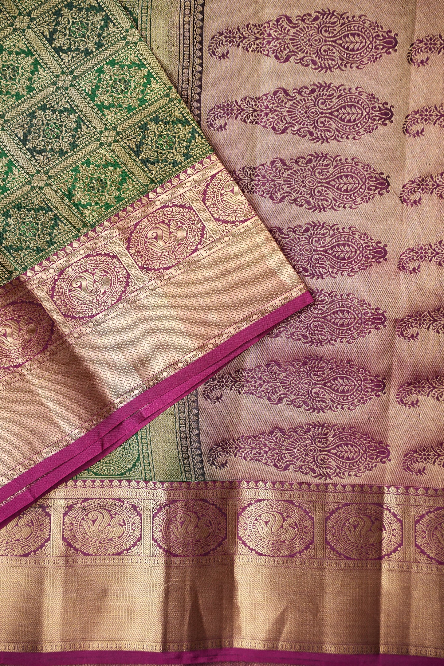 Pure Kanchipuram Silk Saree - Bottle Green & Magenta| Silk Mark Certified