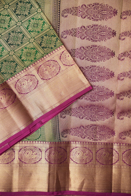 Pure Kanchipuram Silk Saree - Bottle Green & Magenta| Silk Mark Certified