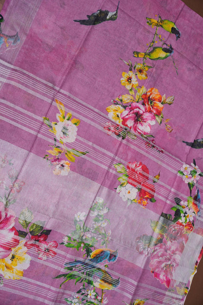Digital Printed Pure Linen Saree - Pink