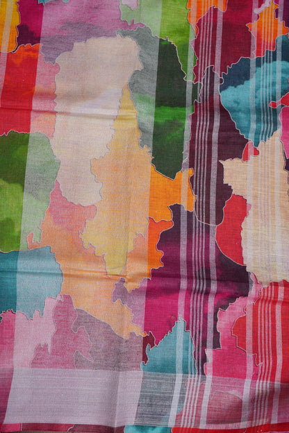 Digital Printed Pure Linen Saree - Multicolor