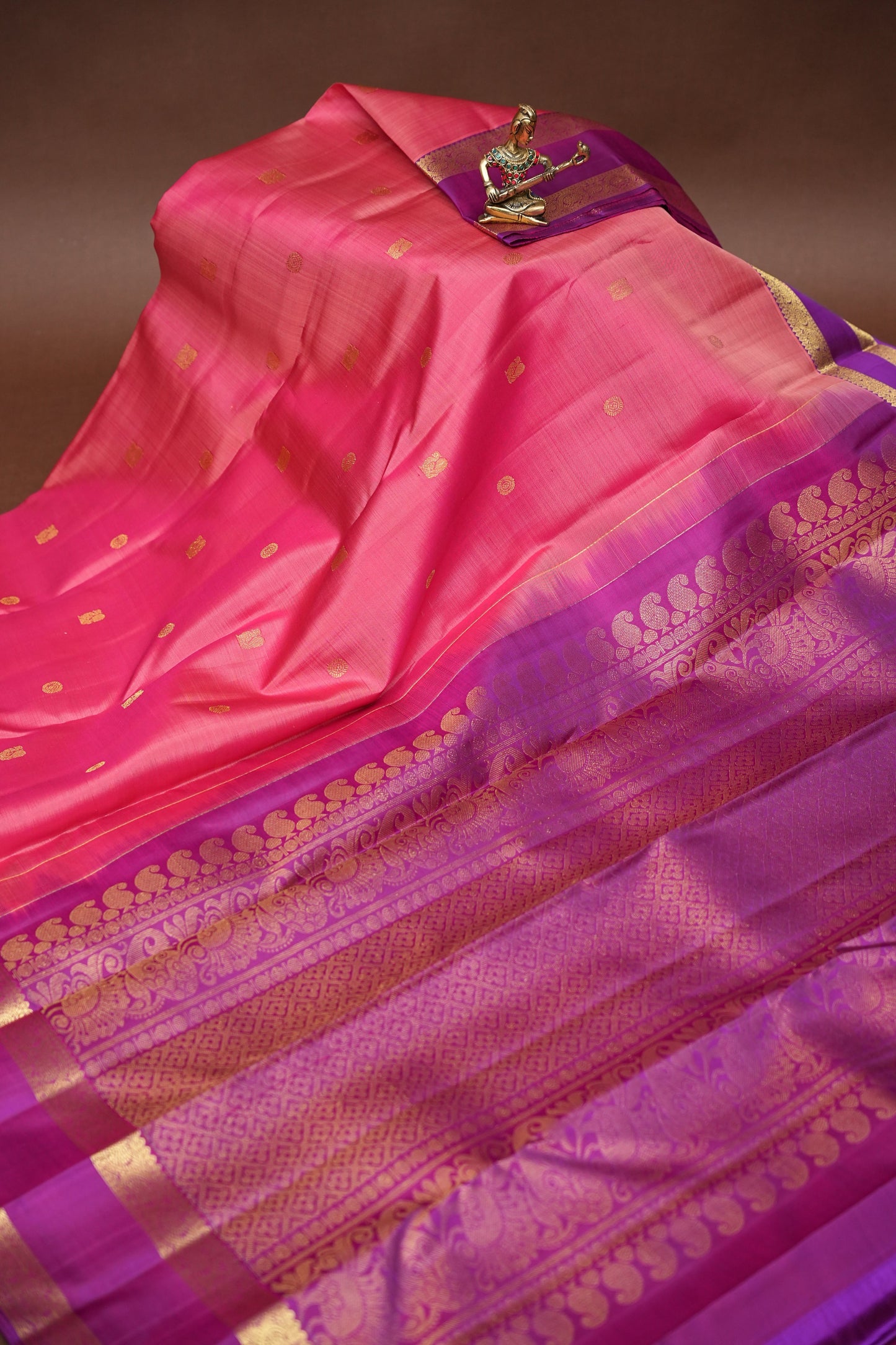 Pure Kanchipuram Silk Saree with Rich Zari Border - Peach & Magenta