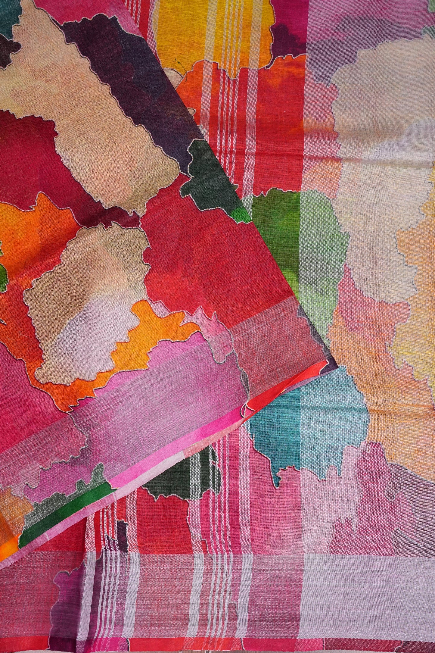 Digital Printed Pure Linen Saree - Multicolor