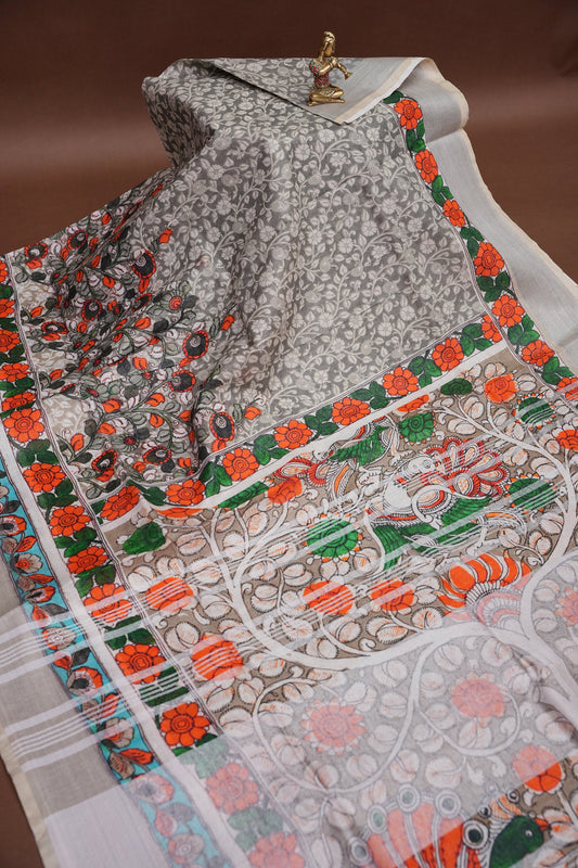 Digital Printed Pure Linen Saree - Half White