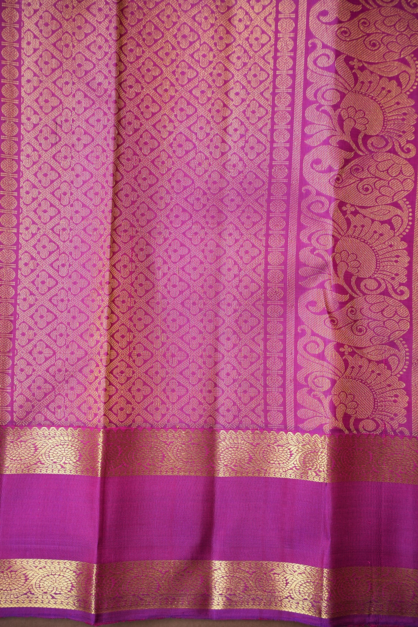 Pure Kanchipuram Silk Saree with Rich Zari Border - Peach & Magenta