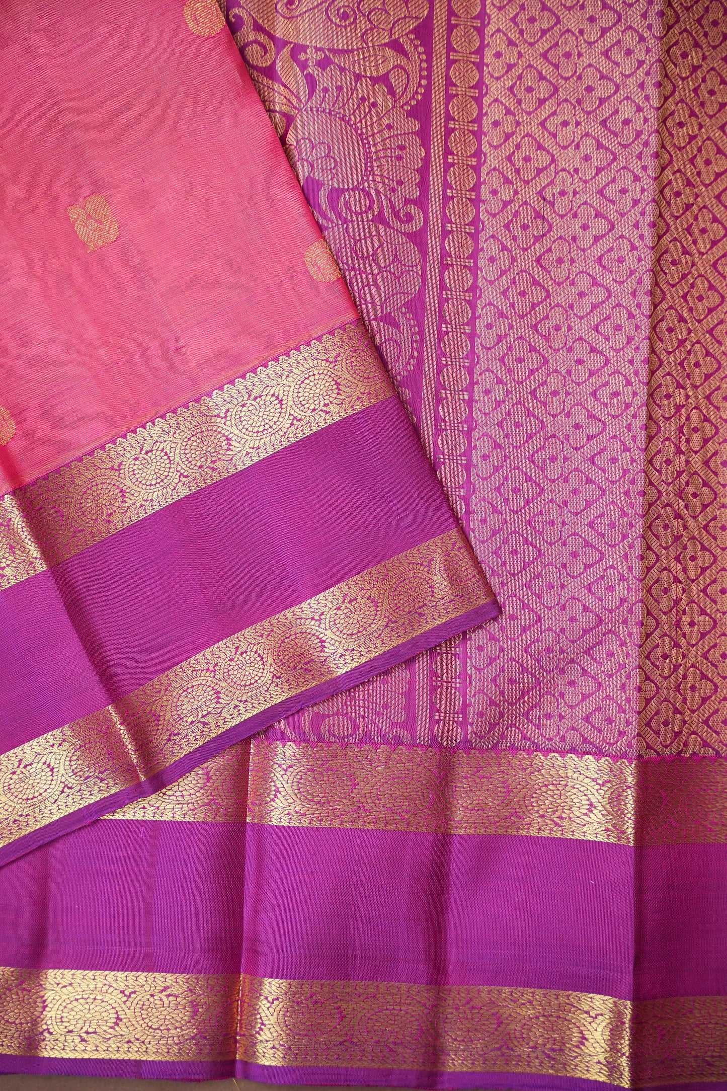 Pure Kanchipuram Silk Saree with Rich Zari Border - Peach & Magenta