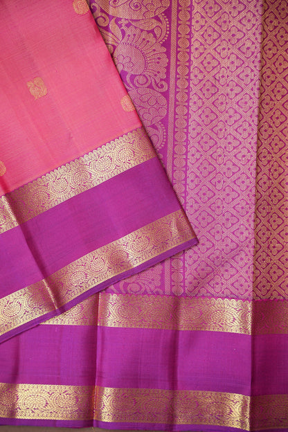 Pure Kanchipuram Silk Saree with Rich Zari Border - Peach & Magenta