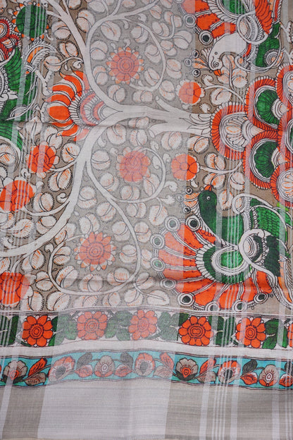 Digital Printed Pure Linen Saree - Half White