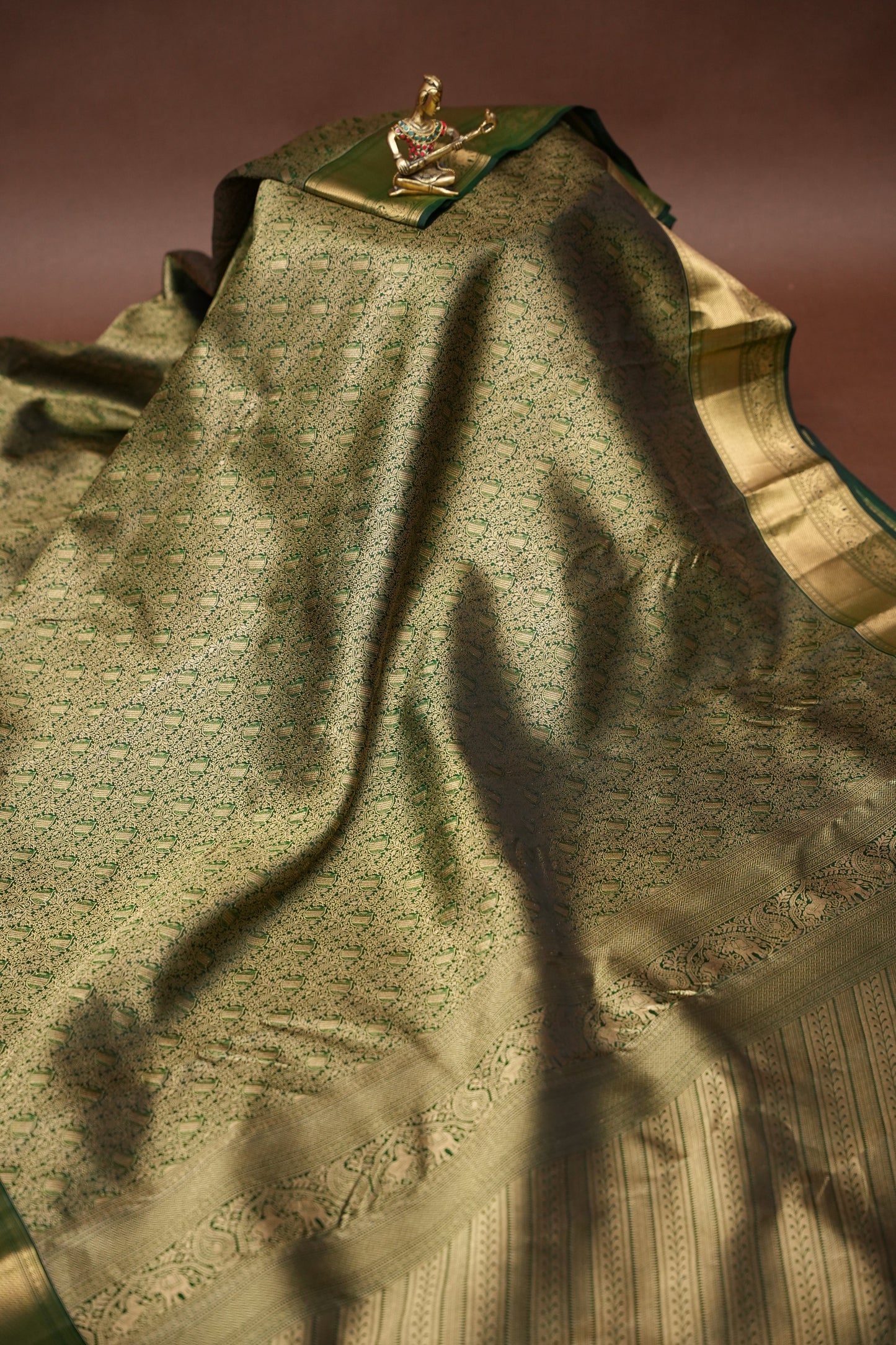 Olive Green Pure Kanchipuram Silk Saree with Brocade Zari Weaving | Silk Mark Certified
