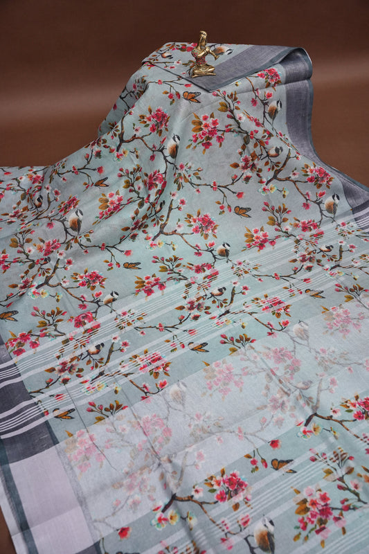 Digital Printed Pure Linen Saree - Powder Blue