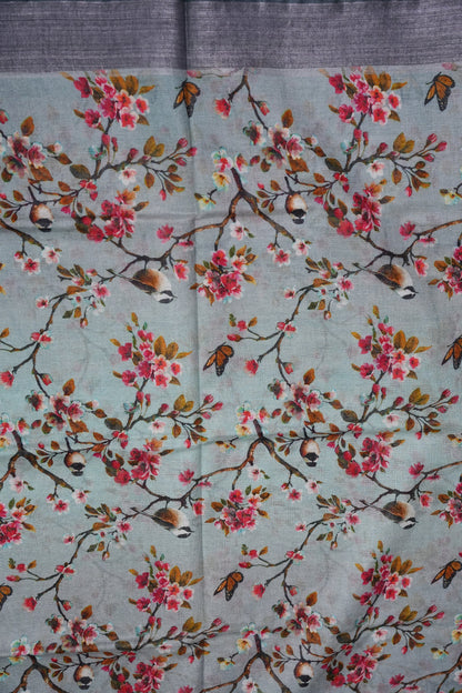 Digital Printed Pure Linen Saree - Powder Blue