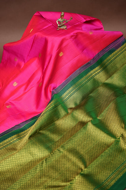 Rani Pink & Green Pure Kanchipuram Silk Saree with Zari Checks Pallu | Silk Mark Certified