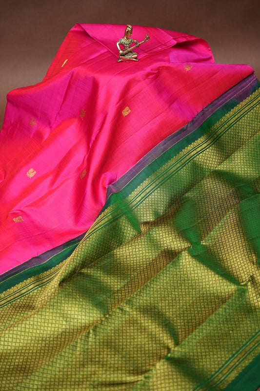 Rani Pink & Green Pure Kanchipuram Silk Saree with Zari Checks Pallu | Silk Mark Certified