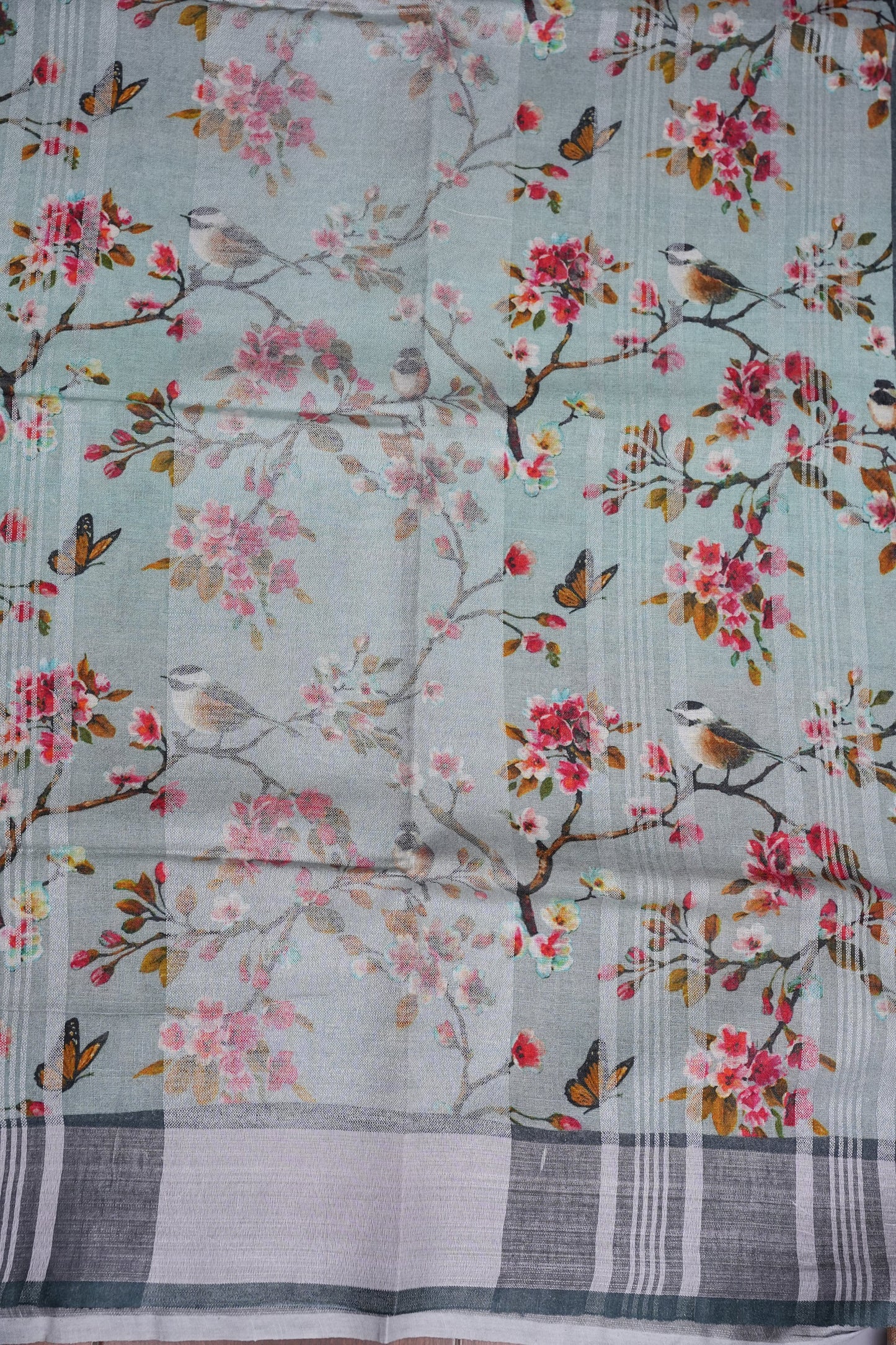 Digital Printed Pure Linen Saree - Powder Blue