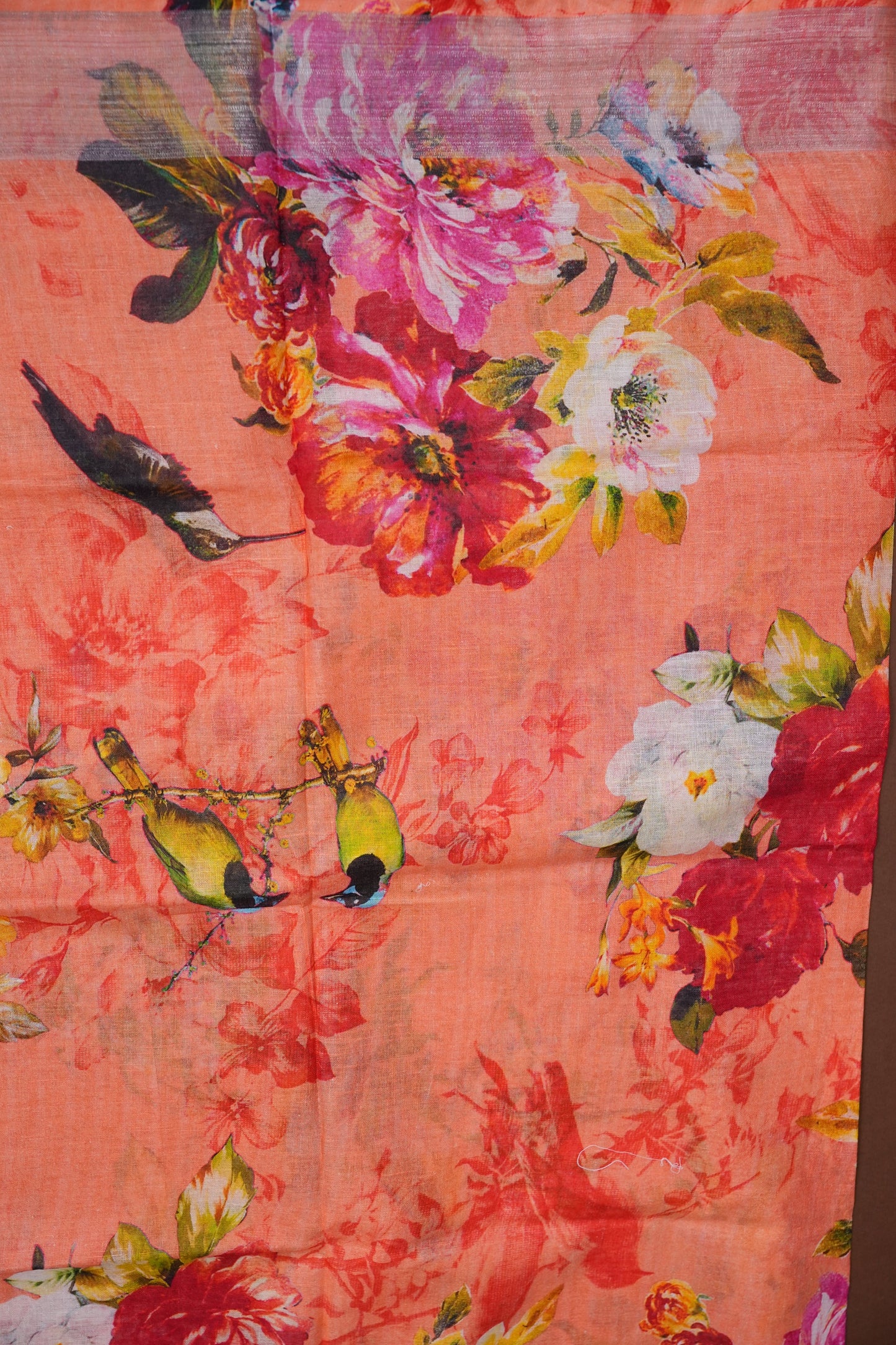 Digital Printed Pure Linen Saree - Light Orange