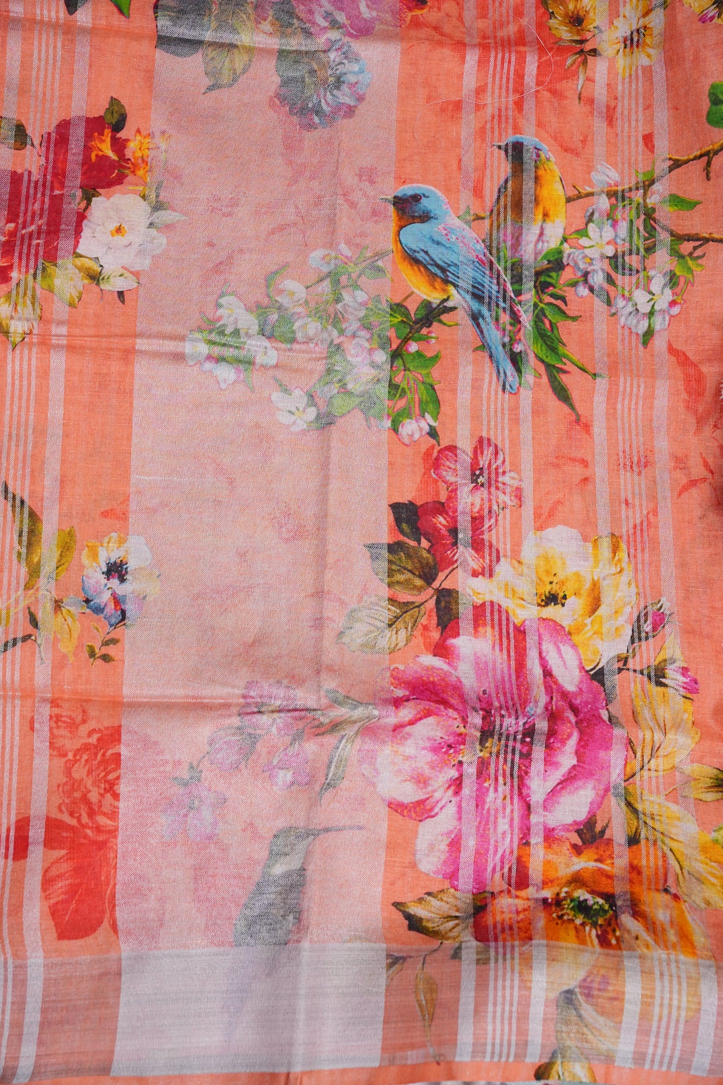 Digital Printed Pure Linen Saree - Light Orange