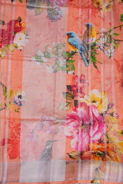 Digital Printed Pure Linen Saree - Light Orange