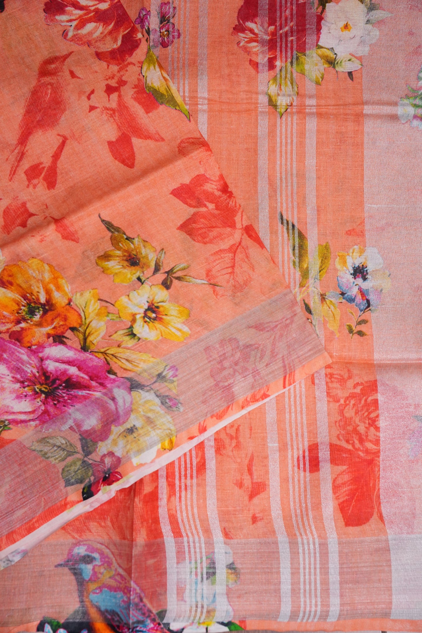 Digital Printed Pure Linen Saree - Light Orange