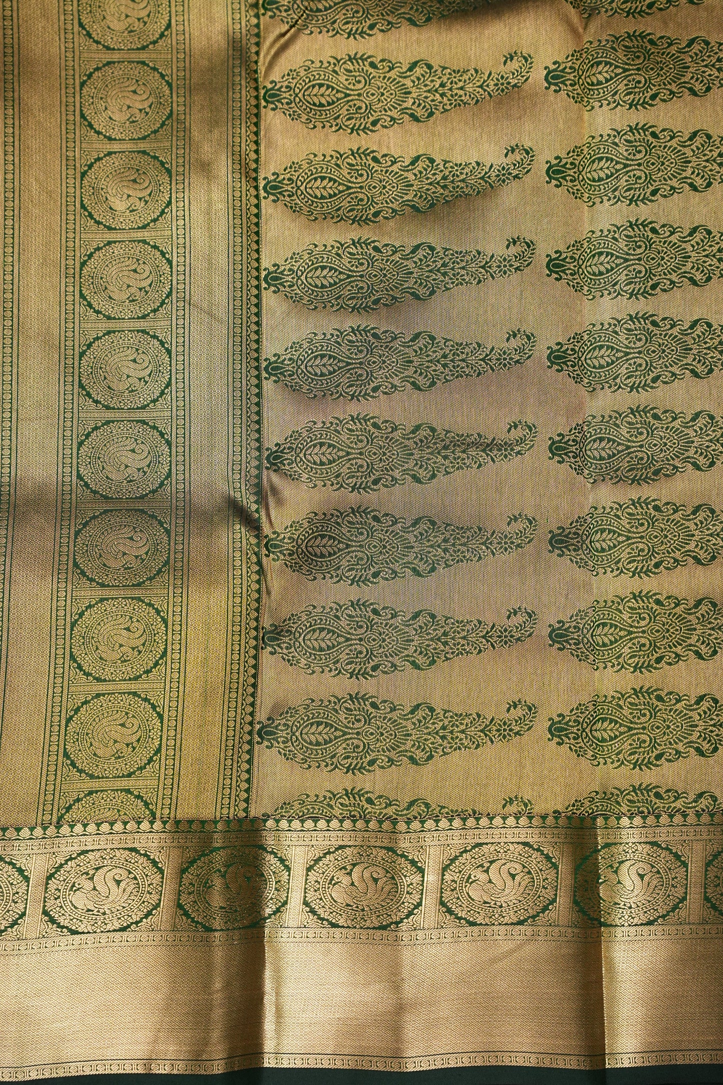 Green Pure Kanchipuram Silk Saree with Antique Gold Zari Weaving | Silk Mark Certified