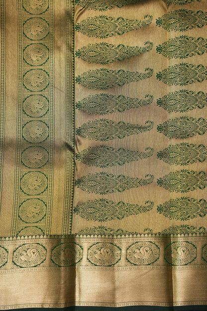 Green Pure Kanchipuram Silk Saree with Antique Gold Zari Weaving | Silk Mark Certified