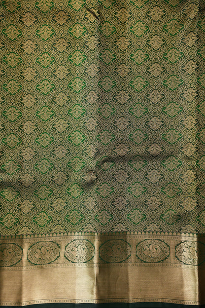 Green Pure Kanchipuram Silk Saree with Antique Gold Zari Weaving | Silk Mark Certified