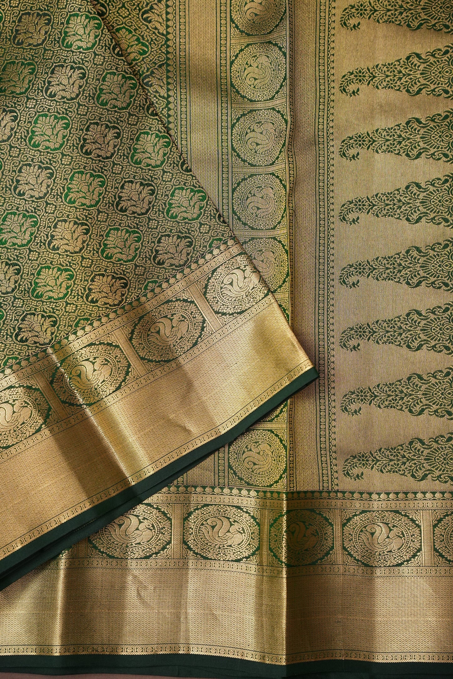 Green Pure Kanchipuram Silk Saree with Antique Gold Zari Weaving | Silk Mark Certified