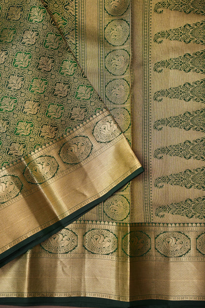 Green Pure Kanchipuram Silk Saree with Antique Gold Zari Weaving | Silk Mark Certified