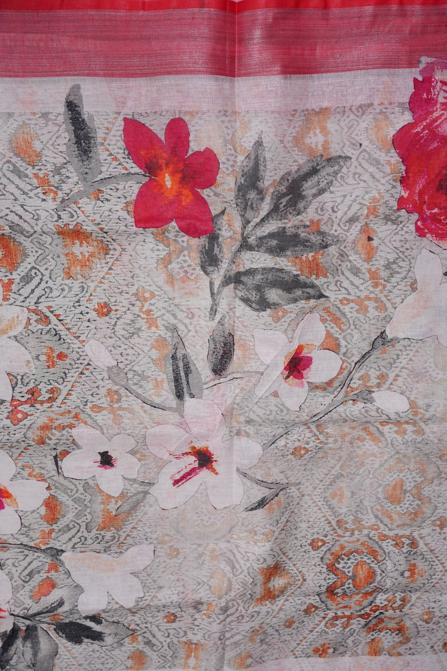 Digital Printed Pure Linen Saree - Half White