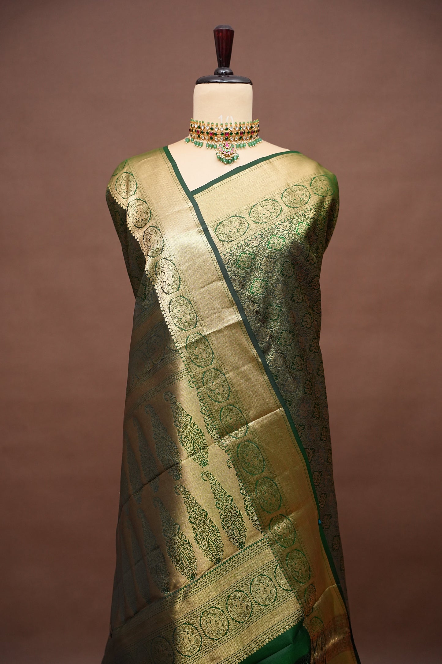Green Pure Kanchipuram Silk Saree with Antique Gold Zari Weaving | Silk Mark Certified