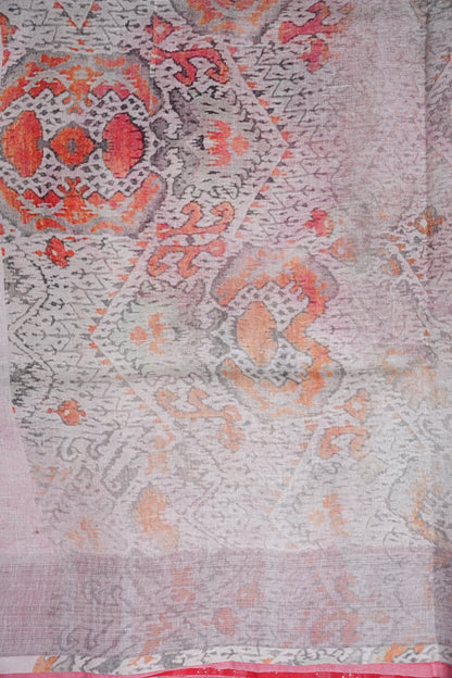 Digital Printed Pure Linen Saree - Half White