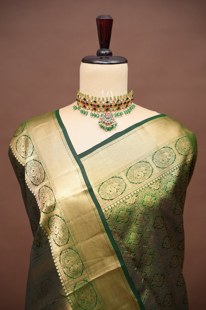 Green Pure Kanchipuram Silk Saree with Antique Gold Zari Weaving | Silk Mark Certified