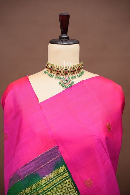 Rani Pink & Green Pure Kanchipuram Silk Saree with Zari Checks Pallu | Silk Mark Certified