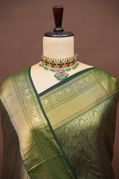 Olive Green Pure Kanchipuram Silk Saree with Brocade Zari Weaving | Silk Mark Certified