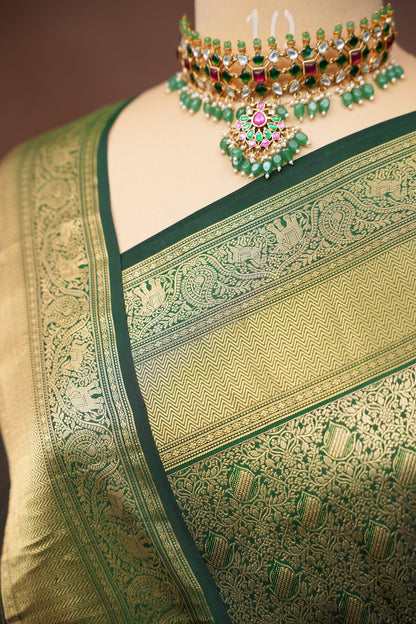 Olive Green Pure Kanchipuram Silk Saree with Brocade Zari Weaving | Silk Mark Certified