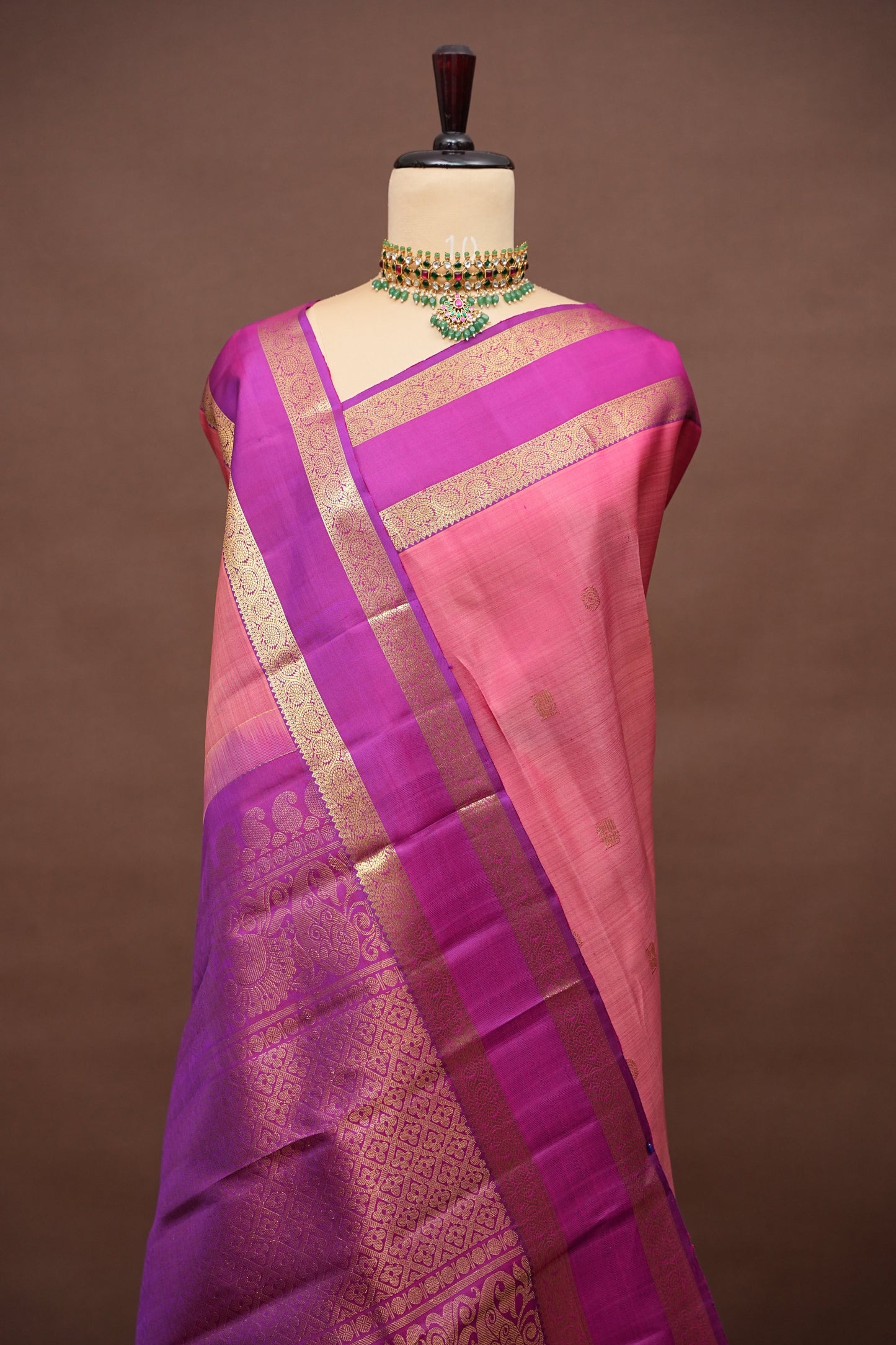 Pure Kanchipuram Silk Saree with Rich Zari Border - Peach & Magenta